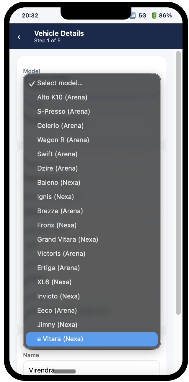 Vehicle selection screen